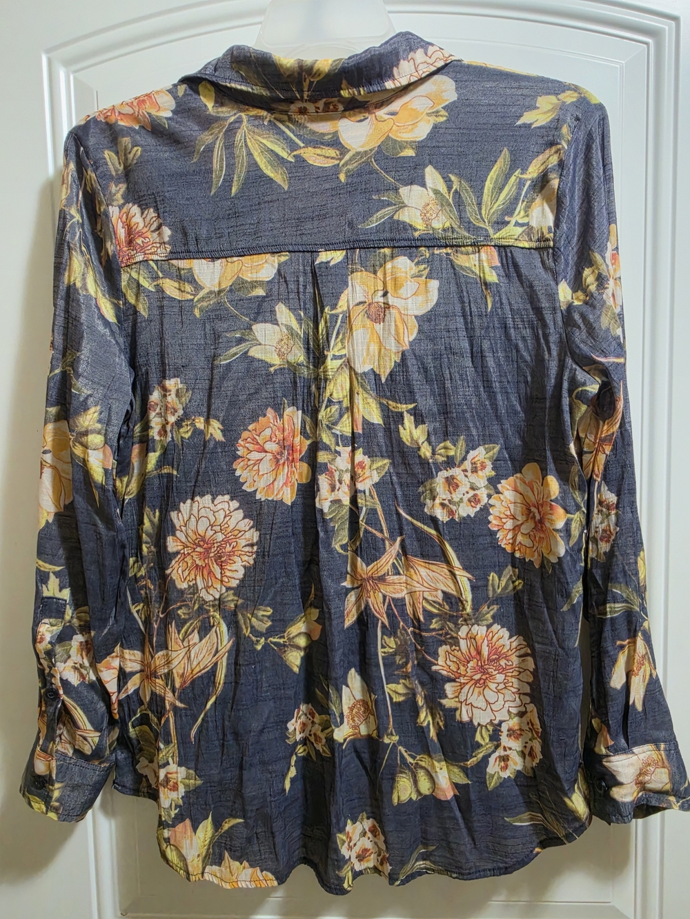 Soho Jeans Floral Button-Up Shirt in Navy with Yellow & Peach Blooms - Picture 3 of 4